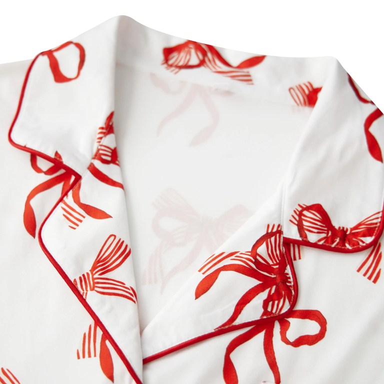 Charming Comfort: Bow/Cherry/Clover Print Pyjama Set with Button-Up Top & Ruffle Shorts 4
