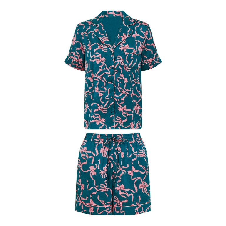 Elegant Comfort: Bow Print Satin Lounge Set with Button-Up Top & Shorts 5