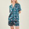 Elegant Comfort: Bow Print Satin Lounge Set with Button-Up Top & Shorts