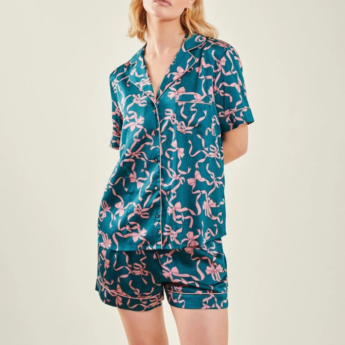Elegant Comfort: Bow Print Satin Lounge Set with Button-Up Top & Shorts