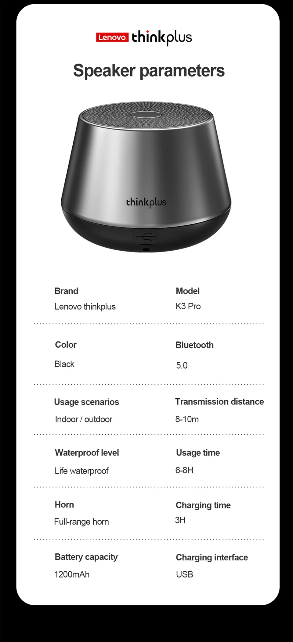 Lenovo K3 Pro Waterproof Bluetooth Speaker - Portable Stereo Sound 