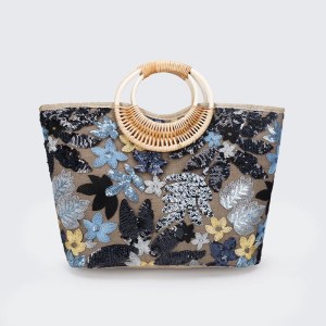 flower sequins embroidery tote bag – round rattan handle summer beach bag for women Flower Sequins Embroidery Tote Bag – Round Rattan Handle Summer Beach Bag for Women 5