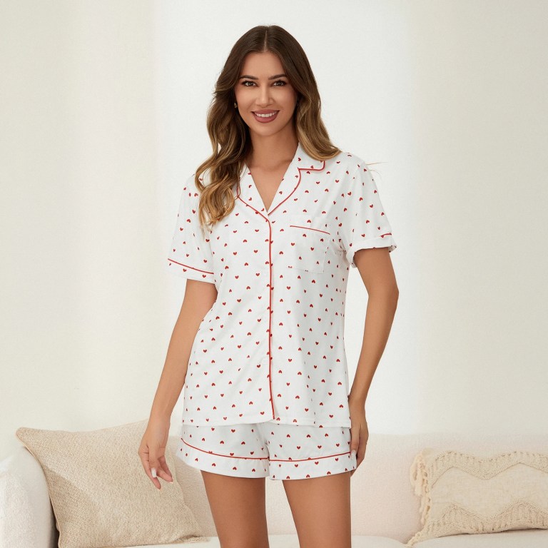sweet dreams: heart print summer pyjama set with short sleeve top & comfy shorts Sweet Dreams: Heart Print Summer Pyjama Set with Short Sleeve Top & Comfy Shorts 1
