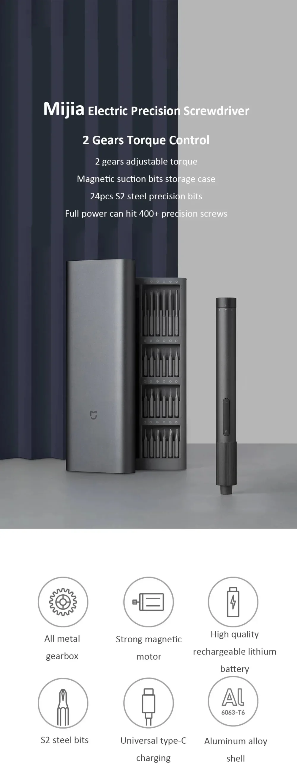 Xiaomi Mijia Precision Screwdriver Kit - 2 Gear Torque, Magnetic, Type-C Rechargeable