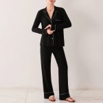 cozy chic: women's black pyjama set with button up shirt & drawstring pants Cozy Chic: Women\'s Black Pyjama Set with Button-Up Shirt & Drawstring Pants 1
