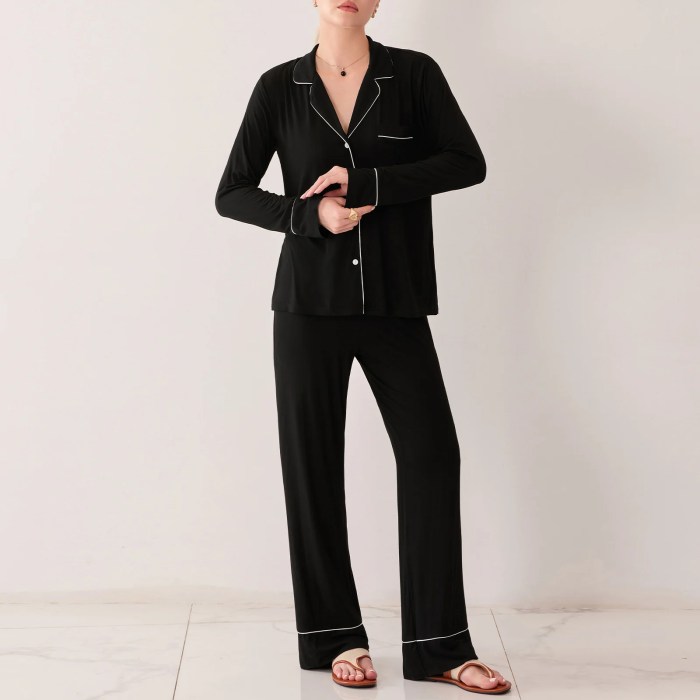 cozy chic: women's black pyjama set with button up shirt & drawstring pants Cozy Chic: Women\'s Black Pyjama Set with Button-Up Shirt & Drawstring Pants 1