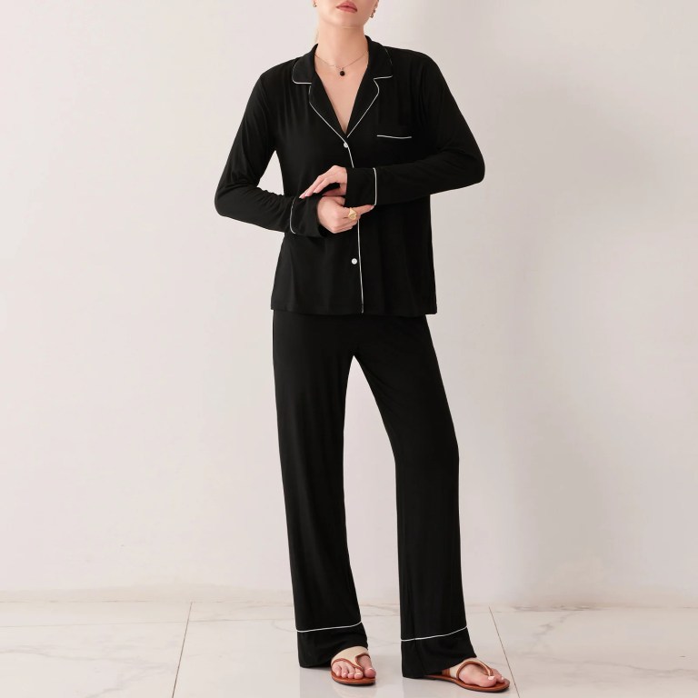cozy chic: women's black pyjama set with button up shirt & drawstring pants Cozy Chic: Women\'s Black Pyjama Set with Button-Up Shirt & Drawstring Pants 1