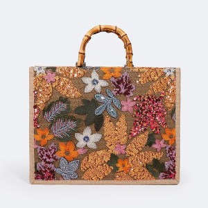 Vintage Bamboo Handle Handbag – Sequined Embroidery Tote Bag for Women, Large Linen Beach Purse