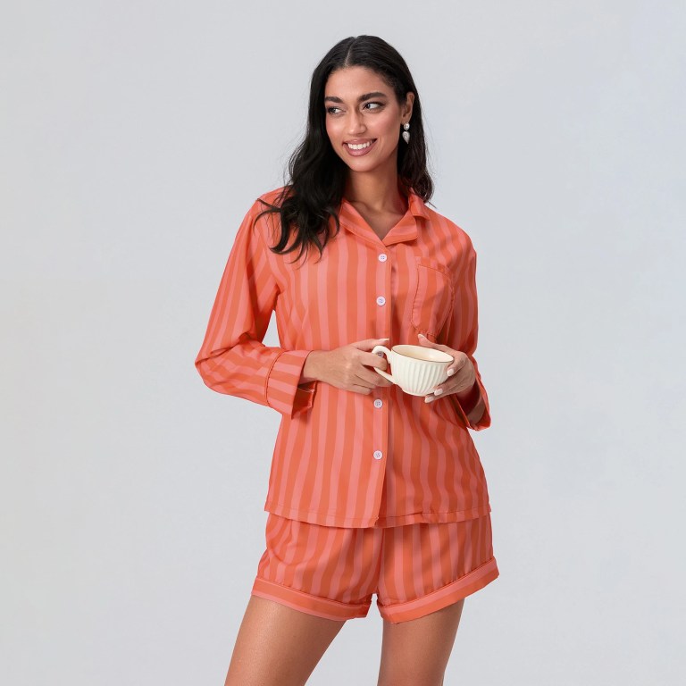 striped elegance: women's 2 piece lounge set with button up top & elastic waist pants Striped Elegance: Women\'s 2-Piece Lounge Set with Button-Up Top & Elastic Waist Pants 4