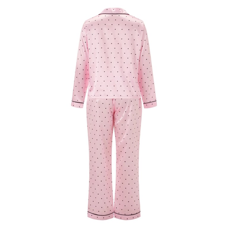 Polka Dot Perfection: Satin Spring Lounge Set with Button-Up Shirt & Long Pants 3