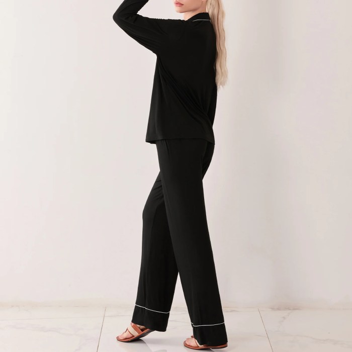 cozy chic: women's black pyjama set with button up shirt & drawstring pants Cozy Chic: Women\'s Black Pyjama Set with Button-Up Shirt & Drawstring Pants 5