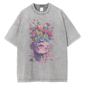 Vintage Blossom: Heavyweight Cotton T-Shirt with Van Gogh-Inspired Floral Design 6