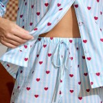 heartfelt comfort: striped long sleeve lounge set with heart print & button up top Heartfelt Comfort: Striped Long Sleeve Lounge Set with Heart Print & Button-Up Top 5