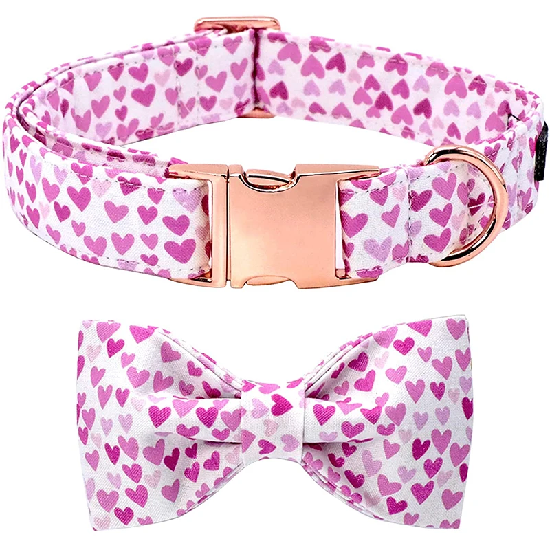Paws of Love: Handmade Cotton Valentine Heart Dog Collar with Bow Tie
