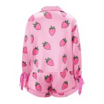 sweet & satin: strawberry/bow print 2 piece lounge set with button up top & shorts Sweet & Satin: Strawberry/Bow Print 2-Piece Lounge Set with Button-Up Top & Shorts 4
