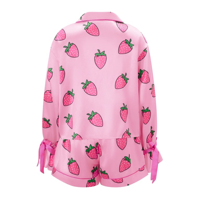sweet & satin: strawberry/bow print 2 piece lounge set with button up top & shorts Sweet & Satin: Strawberry/Bow Print 2-Piece Lounge Set with Button-Up Top & Shorts 4