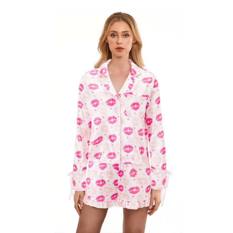 Playful Prints: Bow/Lip/Strawberry/Clover/Bear Lounge Set with Button-Up Top & Shorts 4