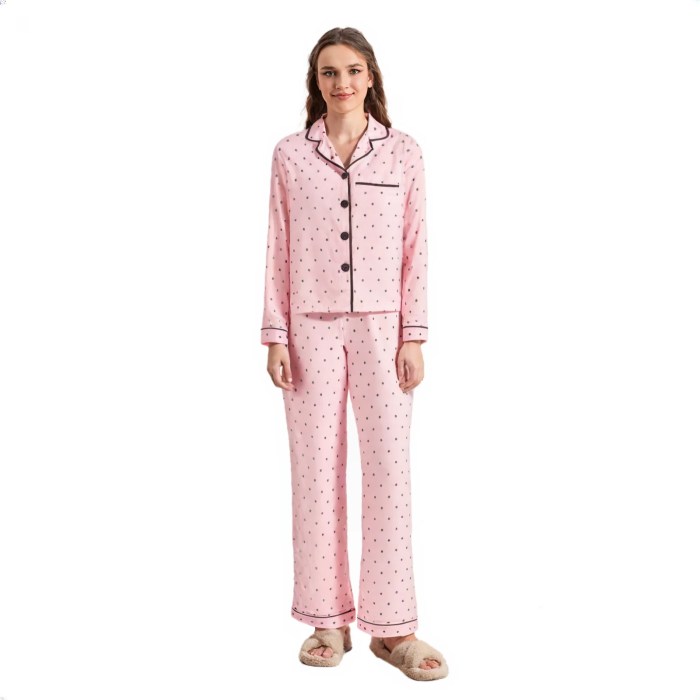 polka dot perfection: satin spring lounge set with button up shirt & long pants Polka Dot Perfection: Satin Spring Lounge Set with Button-Up Shirt & Long Pants