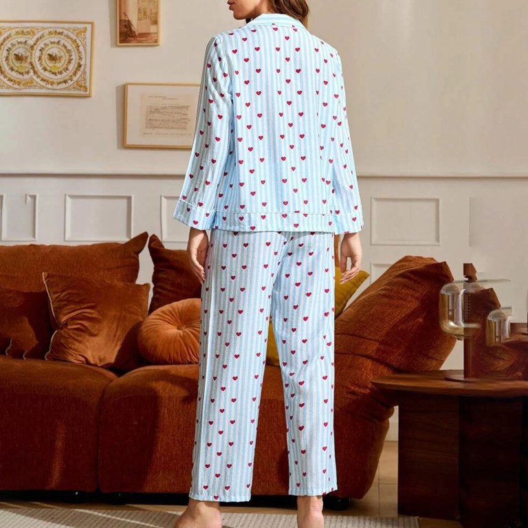heartfelt comfort: striped long sleeve lounge set with heart print & button up top Heartfelt Comfort: Striped Long Sleeve Lounge Set with Heart Print & Button-Up Top 2