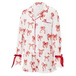 Charming Comfort: Bow/Cherry/Clover Print Pyjama Set with Button-Up Top & Ruffle Shorts 2
