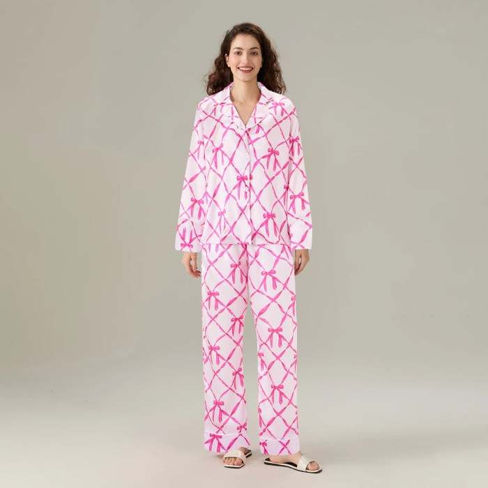 Satin Serenity: Wave/Bow Print V-Neck Pyjama Set with Button-Up Top & Long Pants