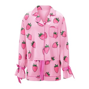 sweet & satin: strawberry/bow print 2 piece lounge set with button up top & shorts Sweet & Satin: Strawberry/Bow Print 2-Piece Lounge Set with Button-Up Top & Shorts 2