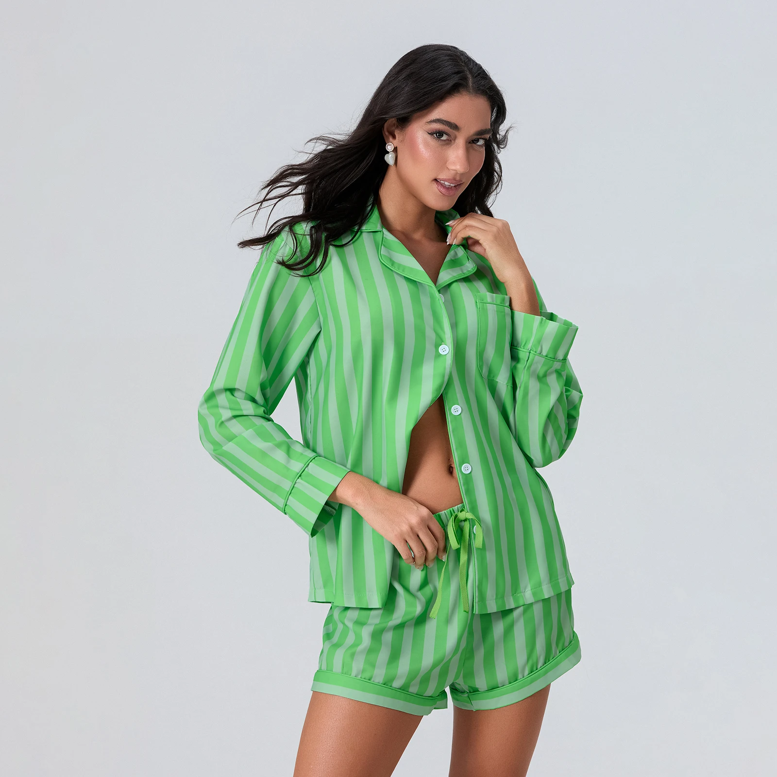 Striped Elegance: Women\'s 2-Piece Lounge Set with Button-Up Top & Elastic Waist Pants
