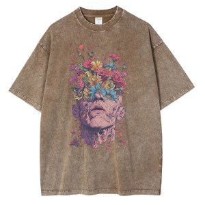 Vintage Blossom: Heavyweight Cotton T-Shirt with Van Gogh-Inspired Floral Design 5