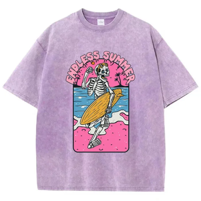 "Endless Summer: Vintage Skull Surfing Print Cotton T-Shirt for Women 2