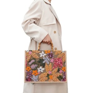 vintage bamboo handle handbag – sequined embroidery tote bag for women, large linen beach purse Vintage Bamboo Handle Handbag – Sequined Embroidery Tote Bag for Women, Large Linen Beach Purse 3