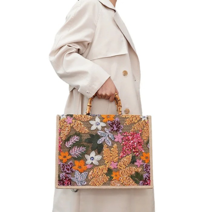 Vintage Bamboo Handle Handbag – Sequined Embroidery Tote Bag for Women, Large Linen Beach Purse 3