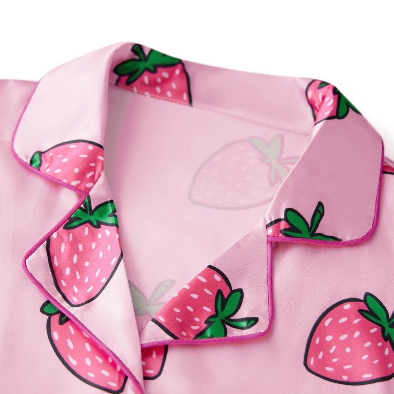 sweet & satin: strawberry/bow print 2 piece lounge set with button up top & shorts Sweet & Satin: Strawberry/Bow Print 2-Piece Lounge Set with Button-Up Top & Shorts 5
