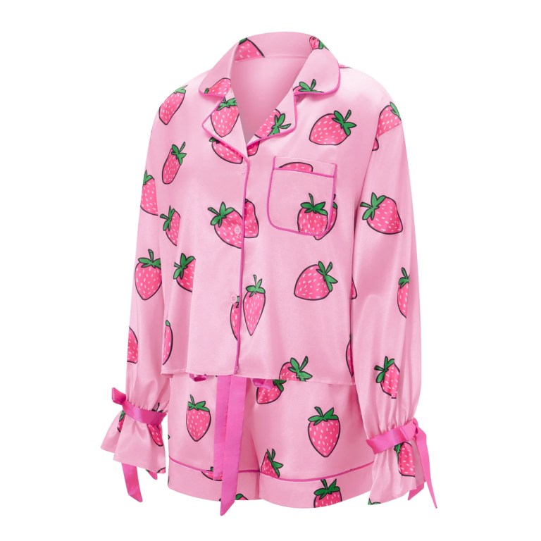 sweet & satin: strawberry/bow print 2 piece lounge set with button up top & shorts Sweet & Satin: Strawberry/Bow Print 2-Piece Lounge Set with Button-Up Top & Shorts 3