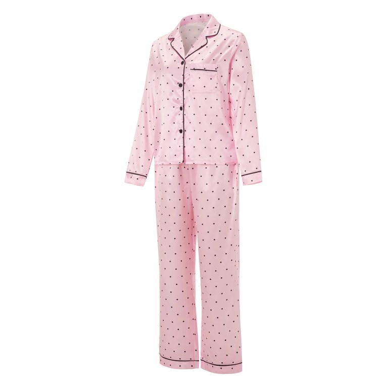 Polka Dot Perfection: Satin Spring Lounge Set with Button-Up Shirt & Long Pants 2