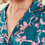 Elegant Comfort: Bow Print Satin Lounge Set with Button-Up Top & Shorts 4