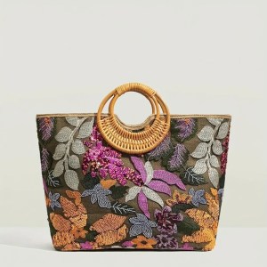 Flower Sequins Embroidery Tote Bag – Round Rattan Handle Summer Beach Bag for Women