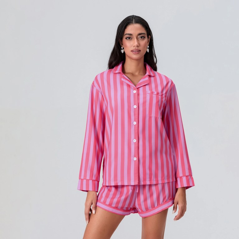 striped elegance: women's 2 piece lounge set with button up top & elastic waist pants Striped Elegance: Women\'s 2-Piece Lounge Set with Button-Up Top & Elastic Waist Pants 1