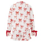 Charming Comfort: Bow/Cherry/Clover Print Pyjama Set with Button-Up Top & Ruffle Shorts 3