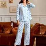 heartfelt comfort: striped long sleeve lounge set with heart print & button up top Heartfelt Comfort: Striped Long Sleeve Lounge Set with Heart Print & Button-Up Top 1