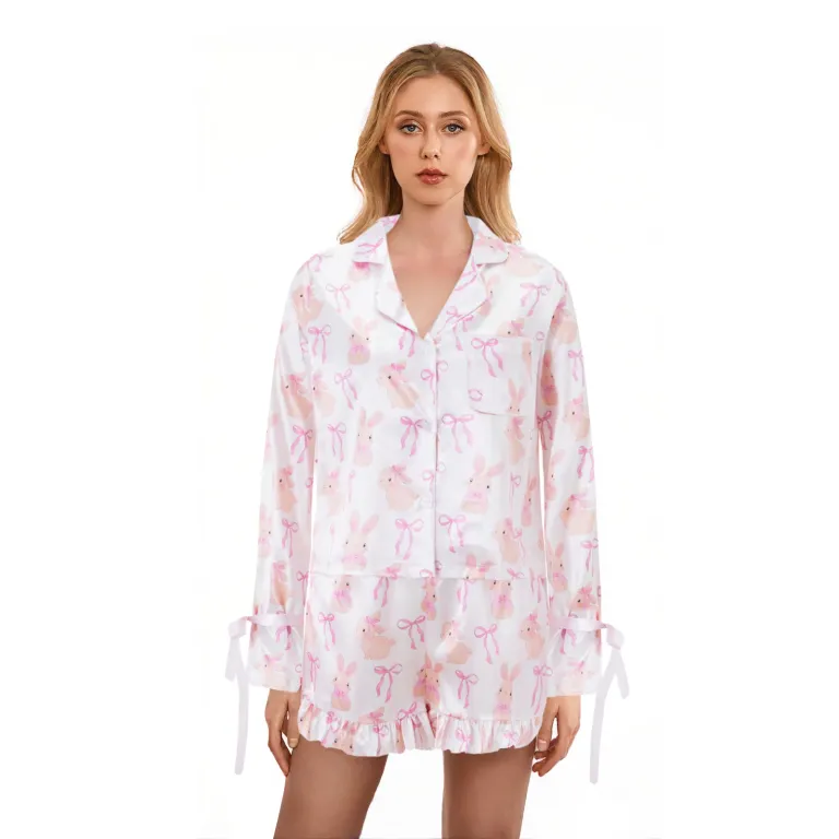 Playful Prints: Bow/Lip/Strawberry/Clover/Bear Lounge Set with Button-Up Top & Shorts 2