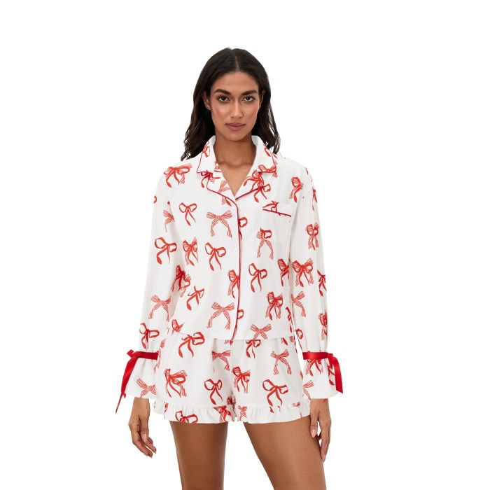 Charming Comfort: Bow/Cherry/Clover Print Pyjama Set with Button-Up Top & Ruffle Shorts