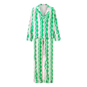 satin serenity: wave/bow print v neck pyjama set with button up top & long pants Satin Serenity: Wave/Bow Print V-Neck Pyjama Set with Button-Up Top & Long Pants 4
