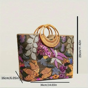 flower sequins embroidery tote bag – round rattan handle summer beach bag for women Flower Sequins Embroidery Tote Bag – Round Rattan Handle Summer Beach Bag for Women 4