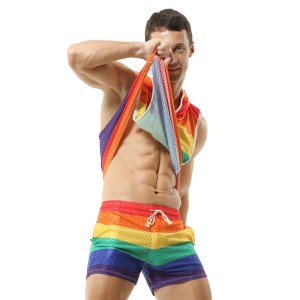 sydney mardi gras men's gym clothing – rainbow tank top & hooded mesh vest set, breathable & loose fit Sydney Mardi Gras Men's Gym Clothing – Rainbow Tank Top & Hooded Mesh Vest Set, Breathable & Loose Fit 5