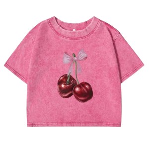 Cherry Bliss: Retro Bow Print Cotton T-Shirt for Women