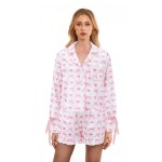 Playful Prints: Bow/Lip/Strawberry/Clover/Bear Lounge Set with Button-Up Top & Shorts 3