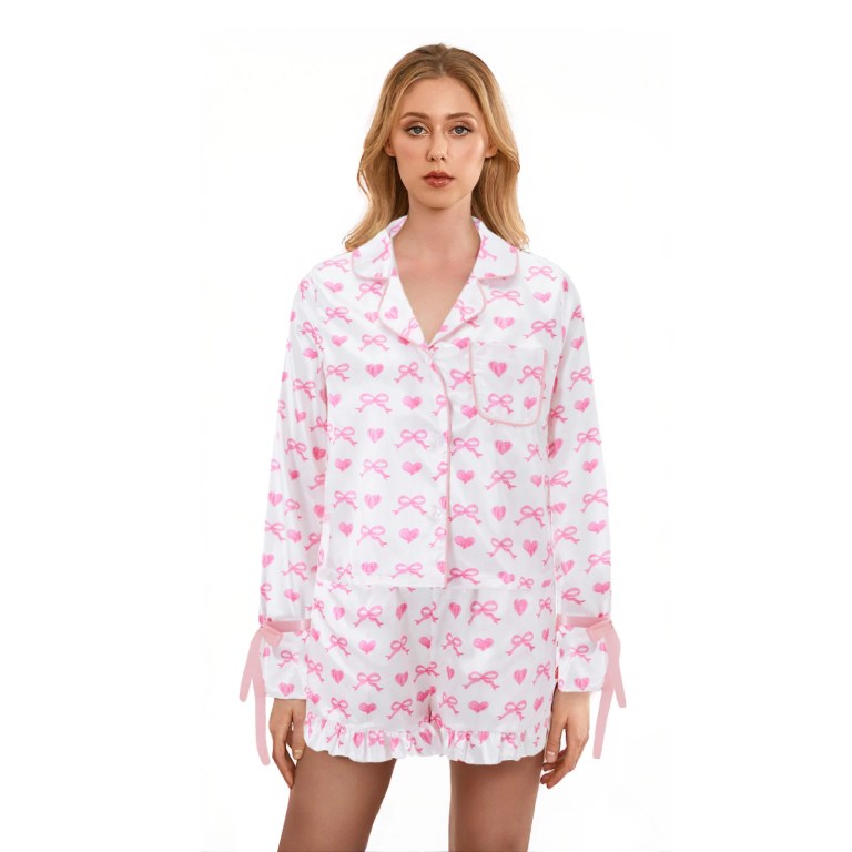 Playful Prints: Bow/Lip/Strawberry/Clover/Bear Lounge Set with Button-Up Top & Shorts 3