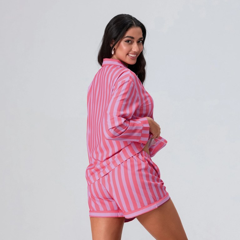 striped elegance: women's 2 piece lounge set with button up top & elastic waist pants Striped Elegance: Women\'s 2-Piece Lounge Set with Button-Up Top & Elastic Waist Pants 2