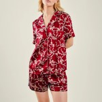 Elegant Comfort: Bow Print Satin Lounge Set with Button-Up Top & Shorts 3