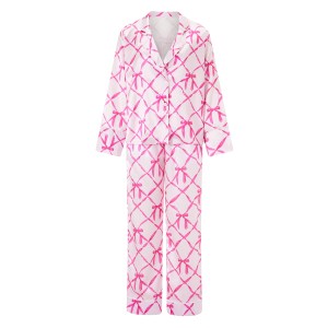 satin serenity: wave/bow print v neck pyjama set with button up top & long pants Satin Serenity: Wave/Bow Print V-Neck Pyjama Set with Button-Up Top & Long Pants 3